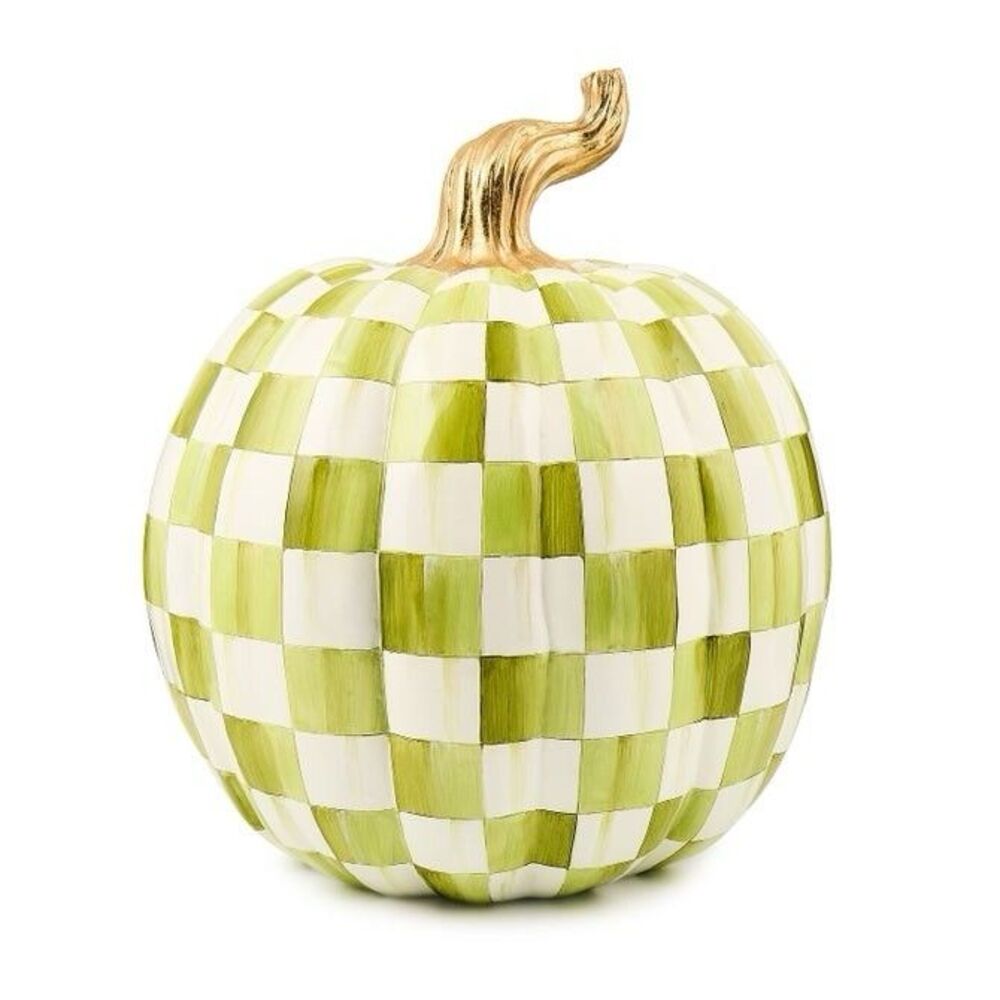 MacKenzie-Childs Moss Check Large Pumpkin 15” Green Gold Stem Fall Decor